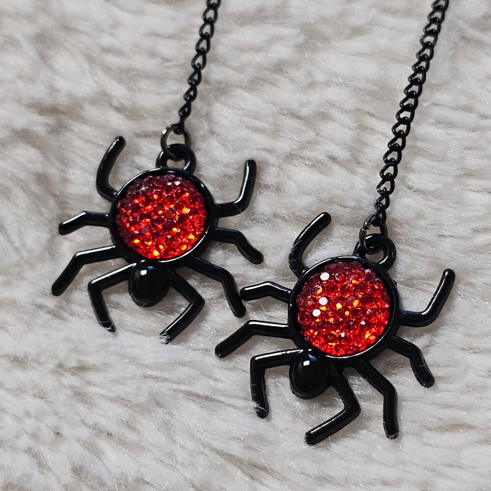 Red and Black Rhinestone Spider Dangle Earrings Halloween Goth